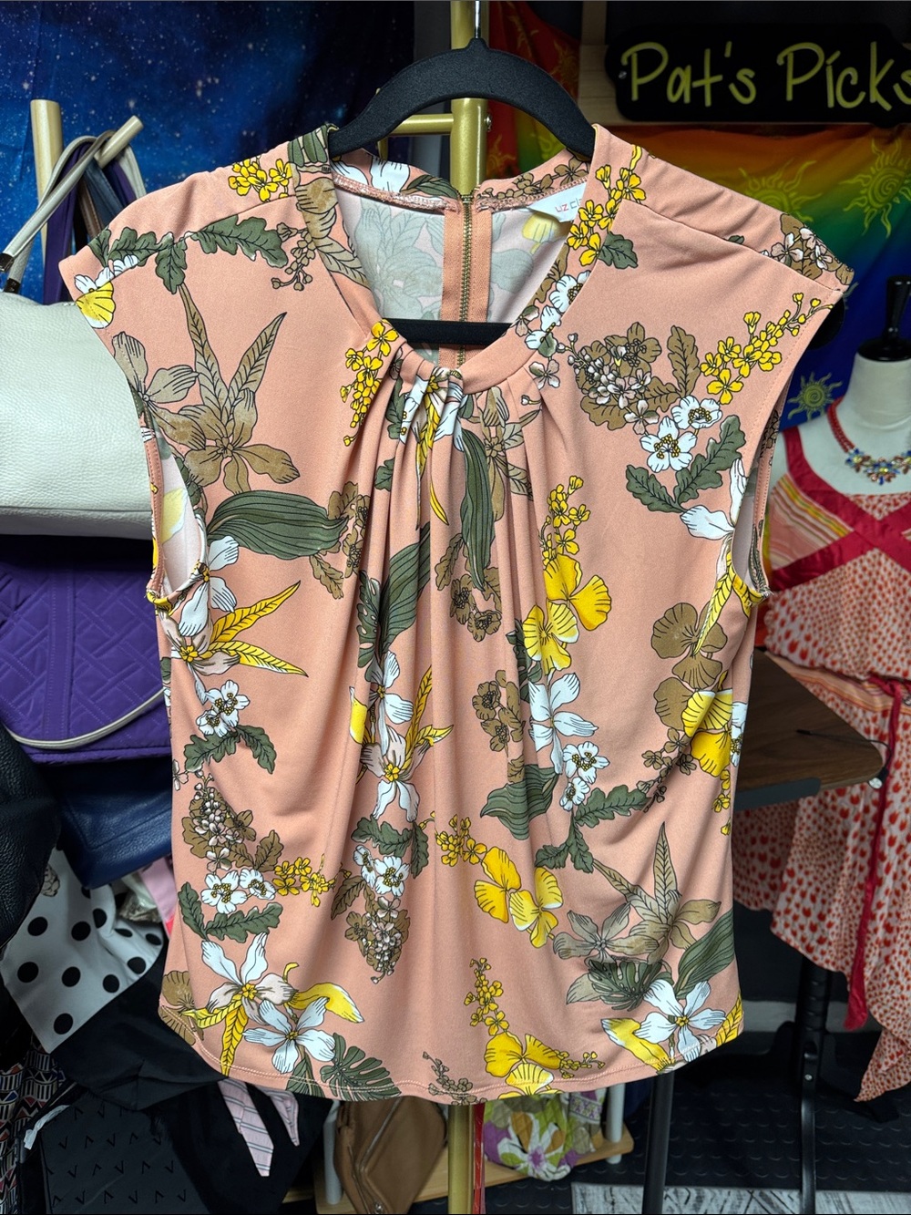 Liz Claiborne Peach Floral Tie-Neck Cap-Sleeve Top